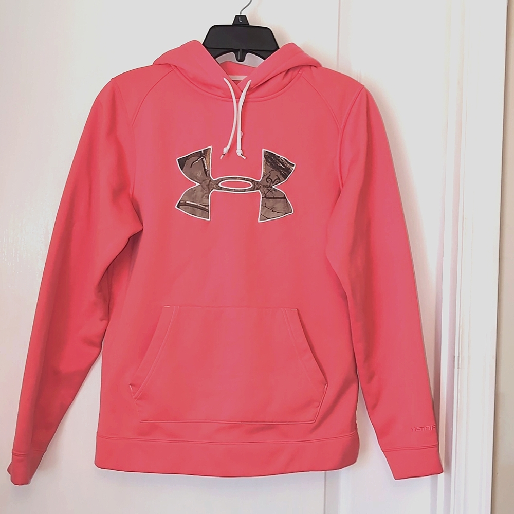 Under Armour Storm Realtree Camo Logo Coral Pink Hoodie. Size Medium